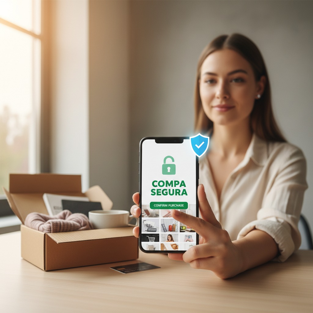 Una mujer sostiene un teléfono móvil que muestra una interfaz de compra segura con un icono de candado y un escudo de verificación.